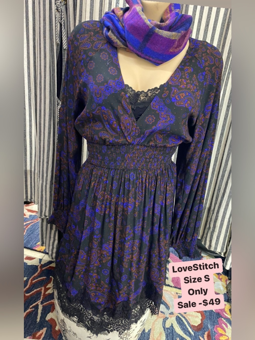 NWT LoveStitch Black dress lace vneck smocked waist- long sleeve paisley print S